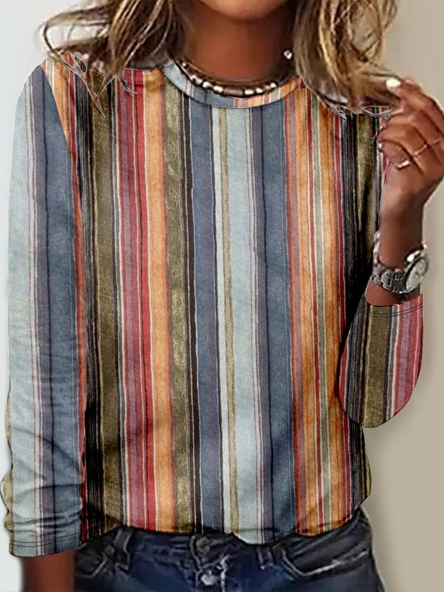 Casual Abstract Stripes Crew Neck T-Shirt